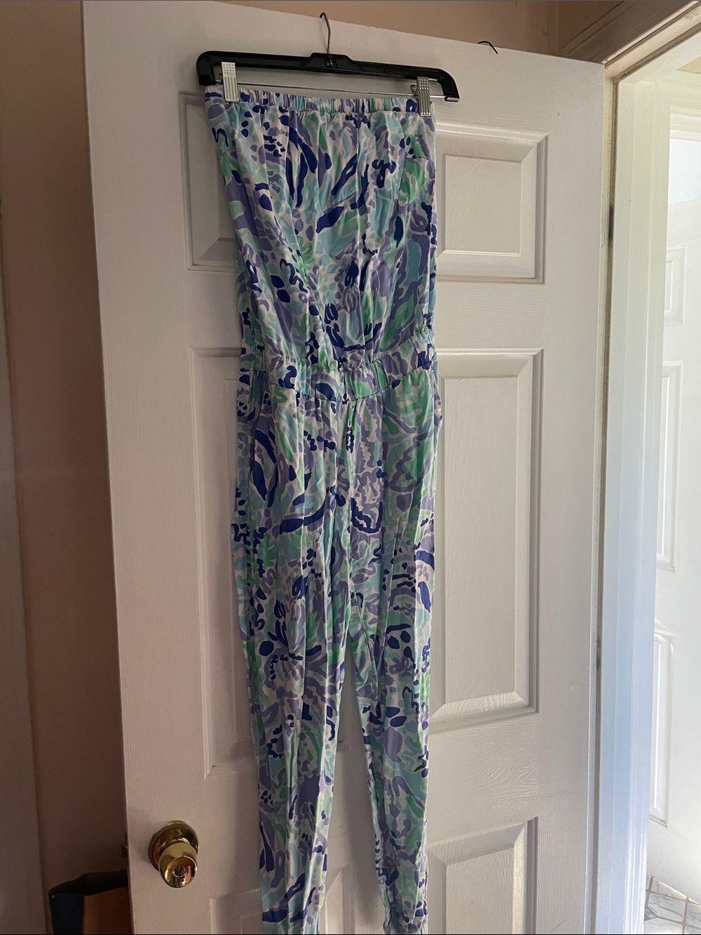 Lilly Pulitzer Strapless Jumpsuit in Blue, Green & Purple Abstract Print